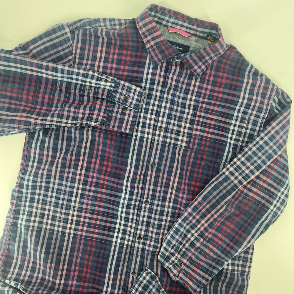 Tommy Bahama Mens Flannel Shirt XL Blue/Pink Gradient Check Plaid Button up